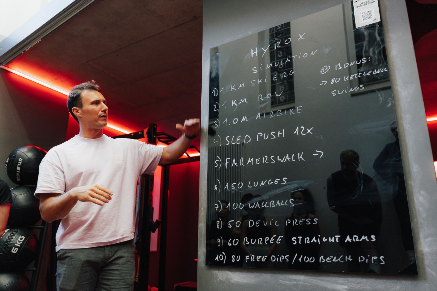 Trainer erklärt den Trainingsplan an der Tafel im Loft42 Stuttgart